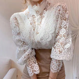 Flower Lace Blouse Women Korean Style Stand Collar Hollow Out Elegant White Shirt Spring Autumn Fashion Ladies