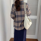 Plaid Shirt Women Vintage Harajuku Brown Top Oversize Long Sleeve Outerwear Button Up Blouse Basic Spring Jackets