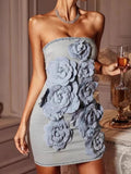 Denim Strapless 3D Flower Mini Dress- Outfit