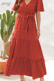 Maxi Dress Women Elegant Jacquard Sundress Female Boho Beach Green Long Dress Loose Retro Short Sleeve