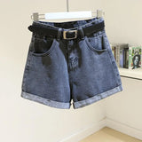 2021 Streetwear High Waist Women Blue Denim Shorts With Belt Summer Casual Female Wide Leg Plus Size 2xl Jeans