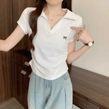 Embroidered Bow Polo Collar Short Sleeve TeeOutfit