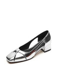 Vintage Silver Shallow Mouth Sandals Women's Low Heel Summer 2025 New Style Elegant Soft Leather Square Head Thick Heel Mary Jane