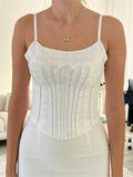 White Flower Spaghetti Strap Camis Chic Women Sleeveless Round Neck Crosets Crop Tops Party Casual Sling Tank