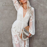 2022 Summer Vintage Women Sexy Maxi Dress Long Sleeve Embroidery See Through White Lace Long Beach