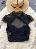 American Sexy Sheer Lace Blouse Women Short Sleeves Hotsweet Chiffon Shirt Fashion Hollow Out Chest Slim Summer