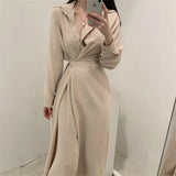 Women Single Breasted Midi Lace Up Slim Solid Shirt Dress Long Sleeve Elegant Vestidos