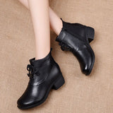Genuine Leather Ankle Boots Retro Women Shoes 2021 New Autumn Winter Round Toe Square Heel Zip Cross-tied Women