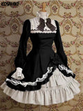 Japanese Style Women Gothic Cosplay Dresses High Waist Contrast-Color Ruffled Sweet Lolita Dress Kawaii