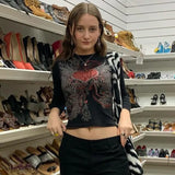 Heart Print 2000s Aesthetic Crop Top T Shirt Women Harajuku Black Long Sleeve T-shirt Ladies Fashion Basic