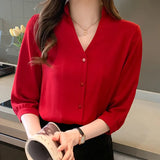 Women's Shirt Vintage Red Button Blouses for Women Short Sleeve Shirts Female Top Polo Neck Solid Blouse Office Lady Basic