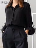 2022 Autumn Winter Black Feather Blouse Shirts Women Satin Long Sleeve Fashion Elegant Top Shirt Sexy Vintage