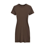 Zingj Trendy Women's Dress With Round Neck And Short Sleeves Is A New Slim And Pure Color Waist-Hip Skirt In