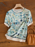 Vintage Printed Thin Chiffon Pullover Tops T Shirt Women Fashion Casual Elegant Chic Silk Satin Loose
