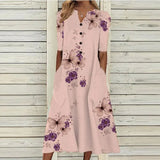 V Neck Short Sleeve Button Party Dress Women Vintage Printed Dress Casual Loose Flower Ladies Dresses Vestidos