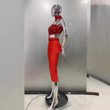 High Quality Fashion Red Hanging Neck Sexy Full Diamond Mini Top + Tight Height Waist Half-Dress