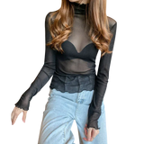 M-3XL Girls Mesh Blouses Shirts Tees Female Autumn Transparent Full Sleeve Turtleneck Thin Blouse Tops Undershirts