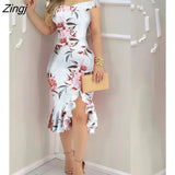 Women Fashion Elegant Sexy Off Shoulder Ruffles Slit Pink Midi Dress Summer Corset Party Floral Bodycon Dress