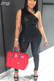 Summer Shiny Sliky 2Piece Set Women Sleeveless Off Shoulder Skinny Bodysuit Top+High Waist Trousers Matching