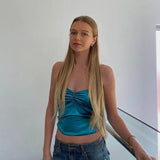 2022 Halter Neck Blue Y2K Tank Tops Ruched Backless Summer Sexy Crop Top Women Sleeveless Off Shoulder Party
