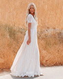 Queens Fashion Women Deep V-neck Lace Hollow Out Bohemian Maxi Dress Vintage Lady White Boho