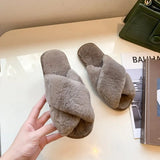 Zingj Slippers Female 2023 Autumn And Winter New Women Flat Toe Home Cross Plush Slippers- Outfit