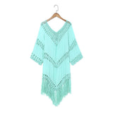 Queens Women Solid Half Sleeve Beach Tassel Loose Bohemian Mini Dress Ladies V-neck Boho Sundress