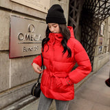 New Winter Female Cotton Jacket Coat Elegant Women Button Belt Outwear Casual Thick Warm Hooded
