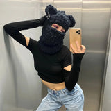 Y2K Unisex Winter Beanie Cute Knitted Cartoon Bear Ears Funny Hat Thickened Warm Balaclava Neck Warm French Cover