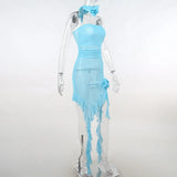 Mesh Fringe Flower Brooch Midi Dress-Outfit