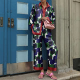 Print Long Sleeve Shirt Outfits Elegant Lapel Buttoned Blouse Long Pant Suits Women Loose Mid Waist Pants Two Piece