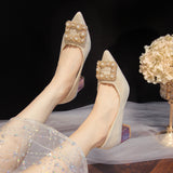 Small Thick With High Heels Spring And Autumn New Fashion Pearl Diamond Buckle Tip In The Heel Single Shoes Fairy Wind Women's
