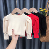 Baby Toddler Teenage Girls Sweaters Tops Spring Autumn Long Puff Sleeve Knitted Kids Sweater For Girl Children's