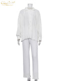 Causal Loose Home Suit Autumn Long Sleeve Blouse With High Wasit Pants Set Women Elegant Pleated Beige 2 Piece Pant