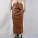 Zingj Women's 2024 New Solid Color PU High Waist Pleated Slit Skirt Women's