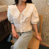 Women Short Solid Peter Pan Collar Puff Sleeve Kawaii Sweet Slim French Style Fashion Designer Student Daily Summer