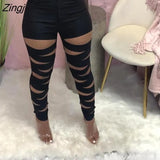 Hollow Out Sexy Pencil Pants Women High Waist Bandage Leggings Clubwear Party Pants Female Solid
