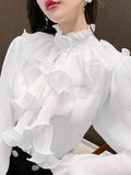Fashion Chiffon Lace Shirts Stand Collar Korean Ruffles Stitching Button Blouse Woman Long Flare Sleeve Loose Tops