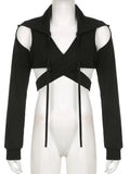 Women Hoodies Cropped Top Y2K Gothic Solid Long Sleeve Criss-Cross Tie-up Hollow Out Exposed Navel Grunge