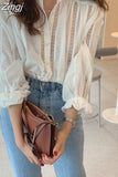 Hollow Out Chiffon Shirt Women Button Up White Blouse Ladies Loose Tops 2023 New Puff Sleeve Korean Fashion Clothing