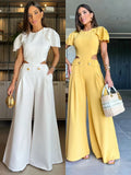 Solid Hole Button Women's Jumpsuit O-neck Butterfly Sleeve Loose Long Pants One Piece Suit Summer Women Fashion