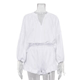 Zingj Women's Fashion Pure Cotton Simple Two-Piece 2023 New Long Sleeved Top High Waist Shorts Suit-Outfit