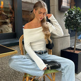Zingj Women's Wear Gentle Wind Fashion Street One-Word Shoulder Thread Knitting Sexy Show Thin Long Sleeves- Outfit