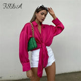 V Neck Elegant Satin Women Blouse Top Green Sexy Bow Tied Oversized 2021 Long Puff Sleeve Casual Vinatge Tops
