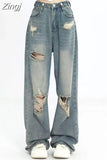 Vintage Hole Y2k High Waist Jeans Wide Leg Denim Loose Straight Hip Hop Street Pants Summer Women Zipper Fly Trouser 211-1-Outfit