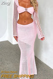 Women's Crochet Knit 2 Piece Skirt Set Hollow Out Crop Top Long Sleeve Backless Tie Up Club Bodycon Dress