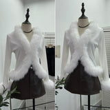 Real Shooting Babes V Collar Hair Spliced Knitted Cardigan Women Autumn And Winter Decoration Slim Coat Temperament Coat
