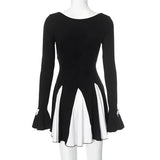 Black Long Sleeve Bow Splice Folds Mini Dress- Outfit