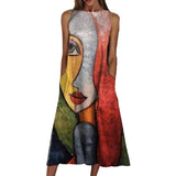 Print Sleeveless Dress Women Summer Casual Vintage Elegant Tank Loose Robe Beach Round Neck Maxi Dresses Vestidos