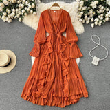 Fairy Seaside Resort Chiffon Long Dress Women's Lotus Leaf Lace V-neck Temperament Crimped Waist Slim